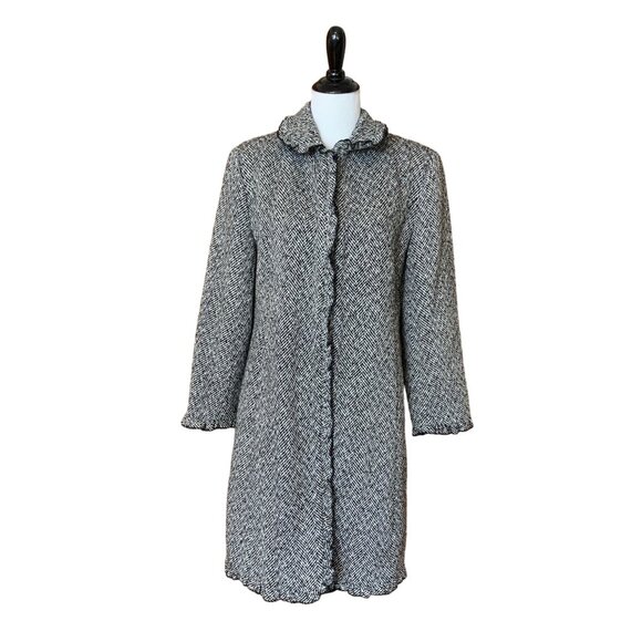 Larry Levine Tweed Coat Petite Med Ruffled Trim Wool Blend Black White Hook Loop - Picture 1 of 12